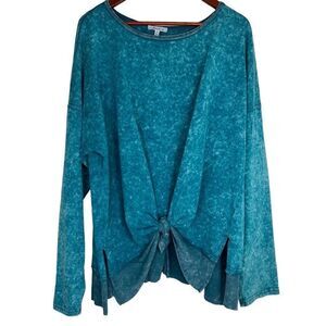 White Birch Womens 2X Teal Mineral Washed Pullover Sweatshirt Cozy Boho Knot Hem